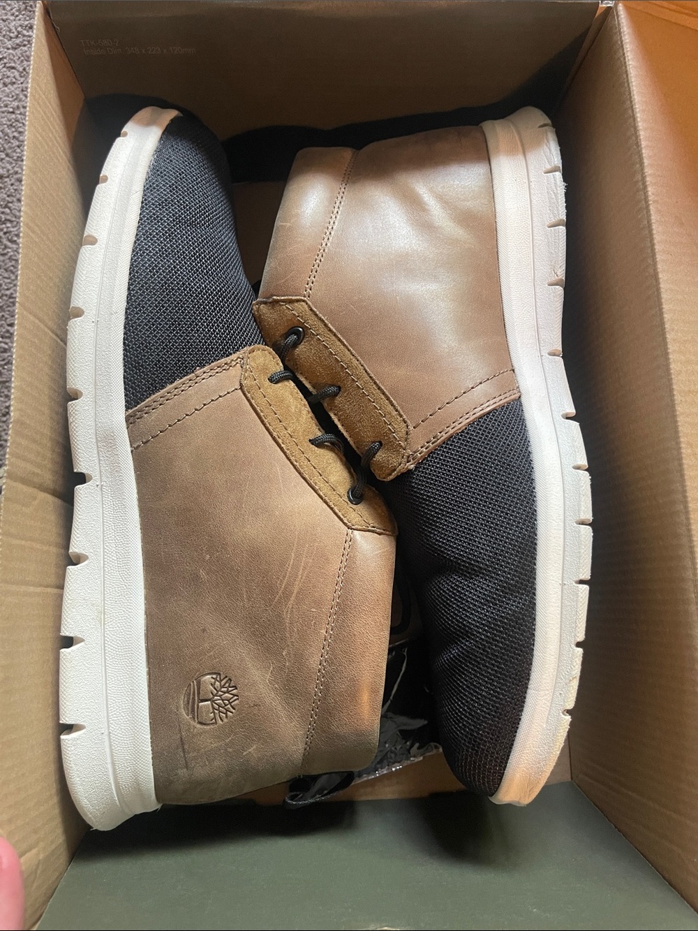 Timberland Brown and Black Men’s Chukka Boots, like new in box. Lightweight.
